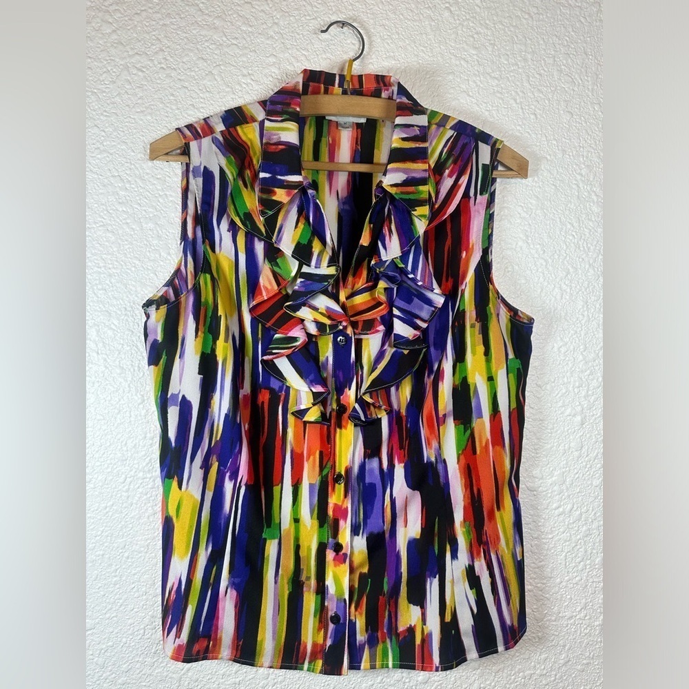 Tahari Arthur S. Levine Sleeveless Ruffle Button Blouse – Size M